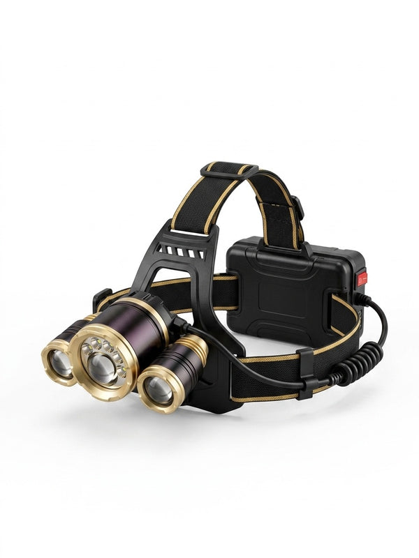 Lanternă Frontală High Power Headlamp, 3 LED-uri (1x T6 + 2x COB/XPE), Funcție Zoom, Acumulatori 18650, Negru