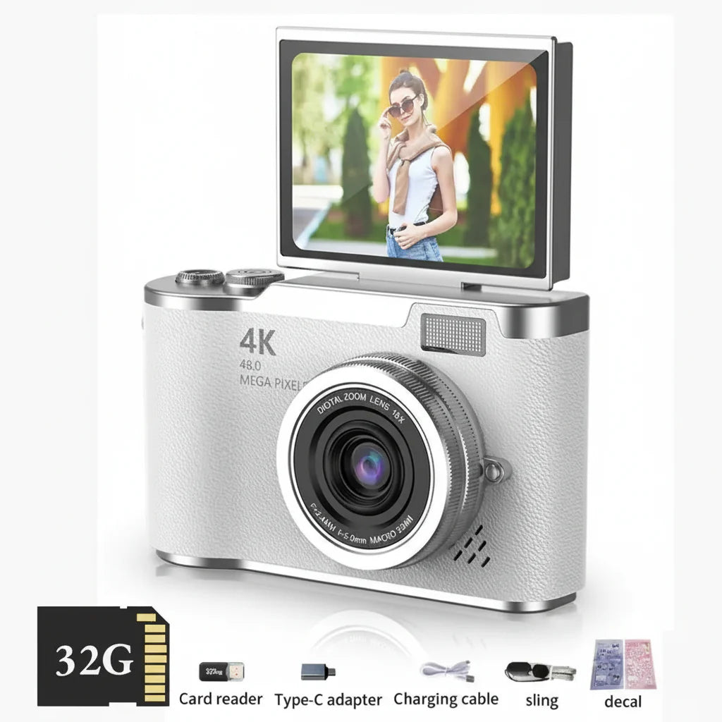 Cameră Foto Digitală Compactă LK-007, Senzor 48 MP, Filmare 4K, Ecran Rabatabil (Flip Screen), Argintiu
