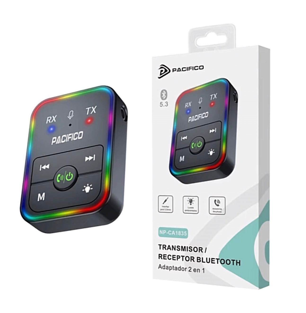 Adaptor Audio 2-în-1 Transmițător și Receptor Bluetooth 5.3 Pacifico NP-CA1835, Jack 3.5mm, Apelare Hands-Free, Iluminare RGB, Negru