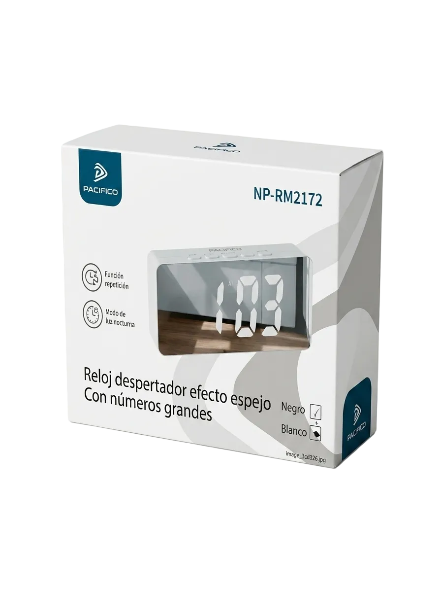 Pacífico alarm clock packaging with digital display on a white background