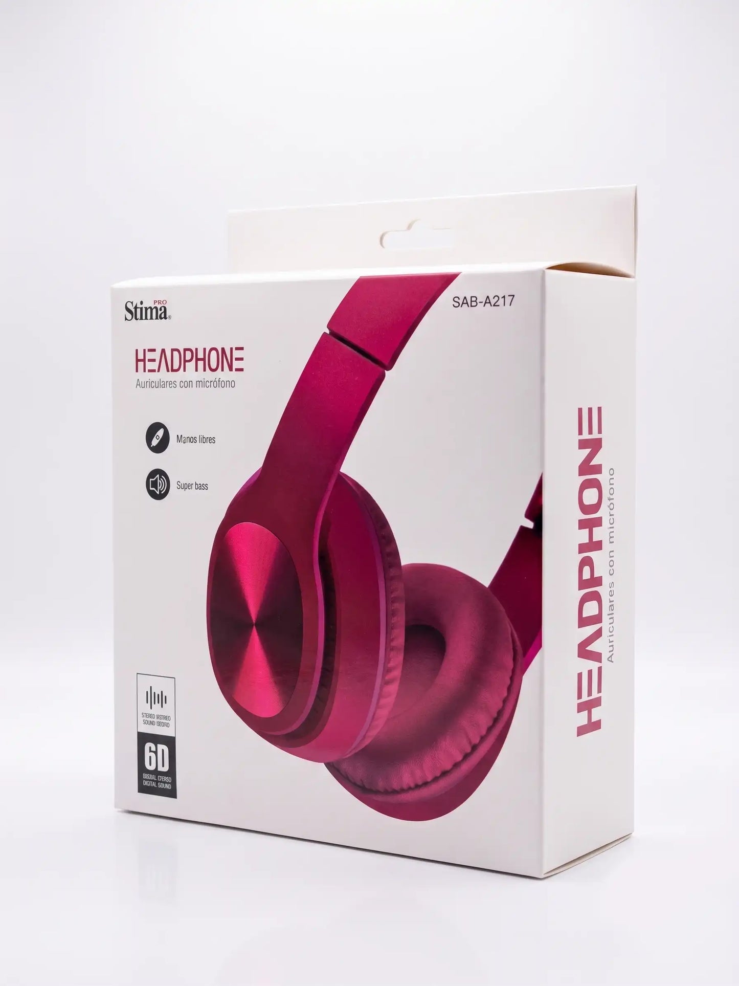 White packaging box for red headphones with 'Stima' branding on a white background