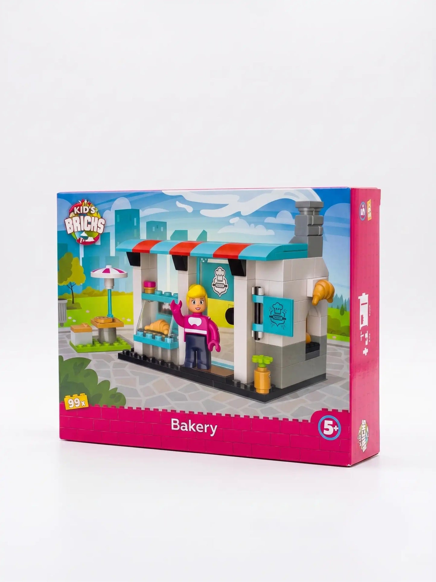 Toy building block set packaging for a bakery on a white background