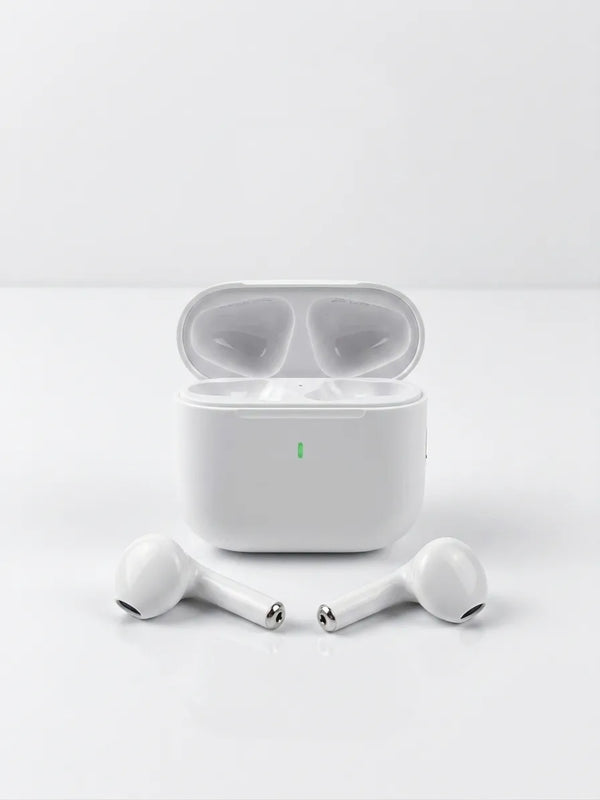 White wireless earbuds with charging case on a light gray background