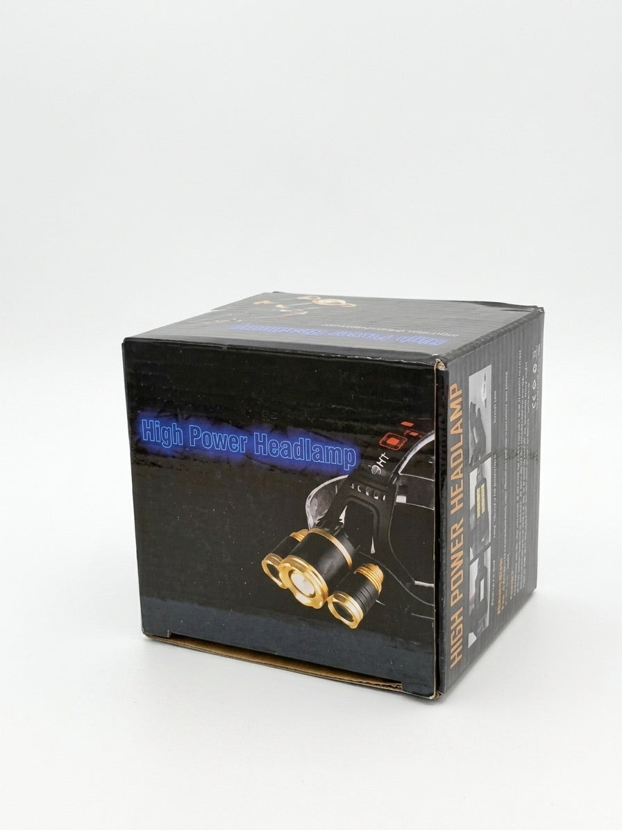 Lanternă Frontală High Power Headlamp, 3 LED-uri (1x T6 + 2x COB/XPE), Funcție Zoom, Acumulatori 18650, Negru