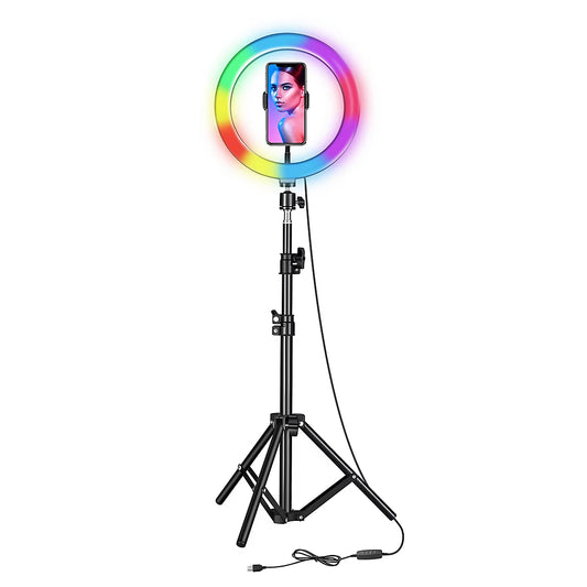 Lampă Circulară Ring Light LED RGB Stima MJ-26, 10 Inch (26 cm), Suport Telefon, Mini Trepied Inclus, 18 Culori