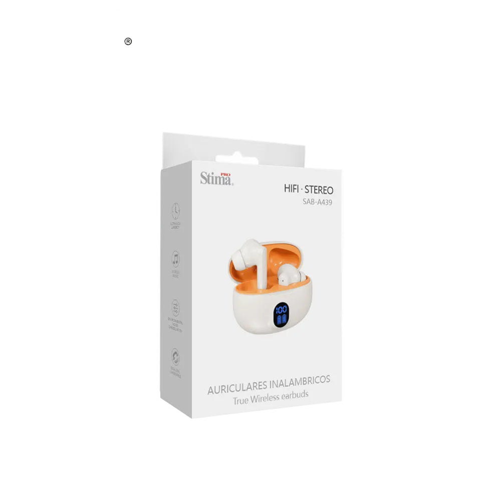 Căști Wireless In-Ear Pro Stima SAB-A439, TWS, Bluetooth 5.4, Display Baterie, Alb/Portocaliu