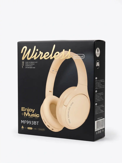 Beige headphones on a black box with 'Wireless' and 'Enjoy Music' text