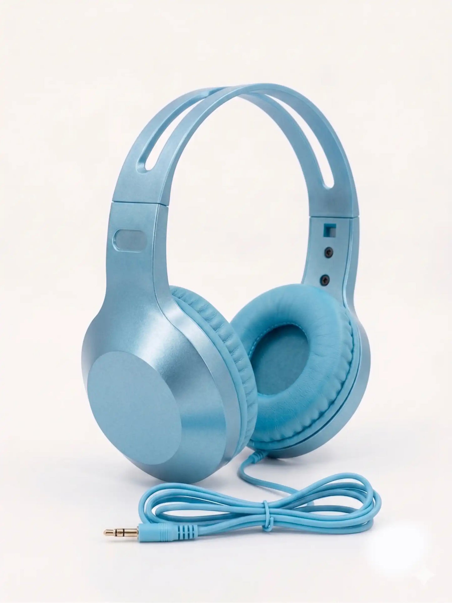 Blue headphones with a cable on a white background