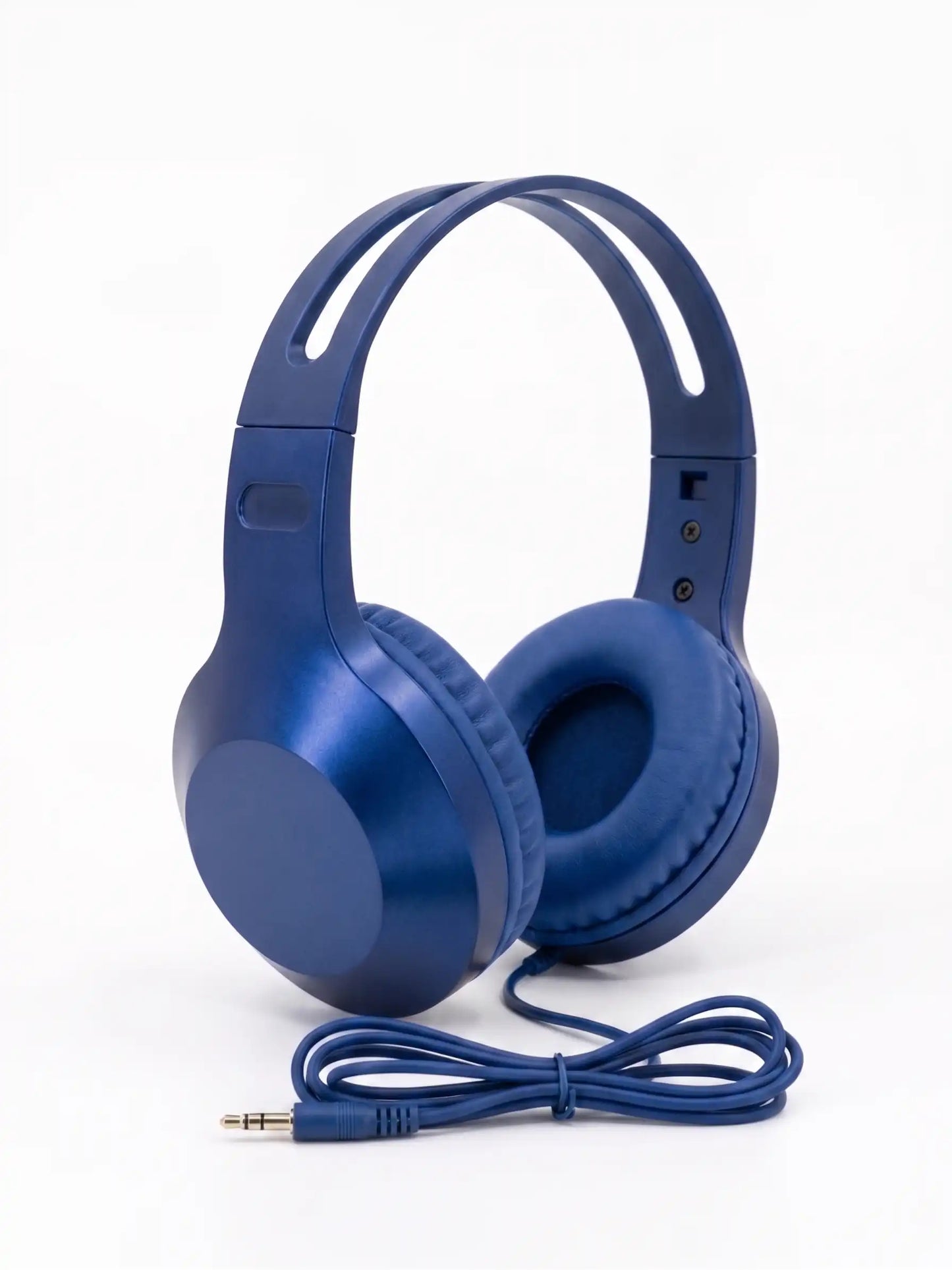 Blue headphones with a cable on a white background