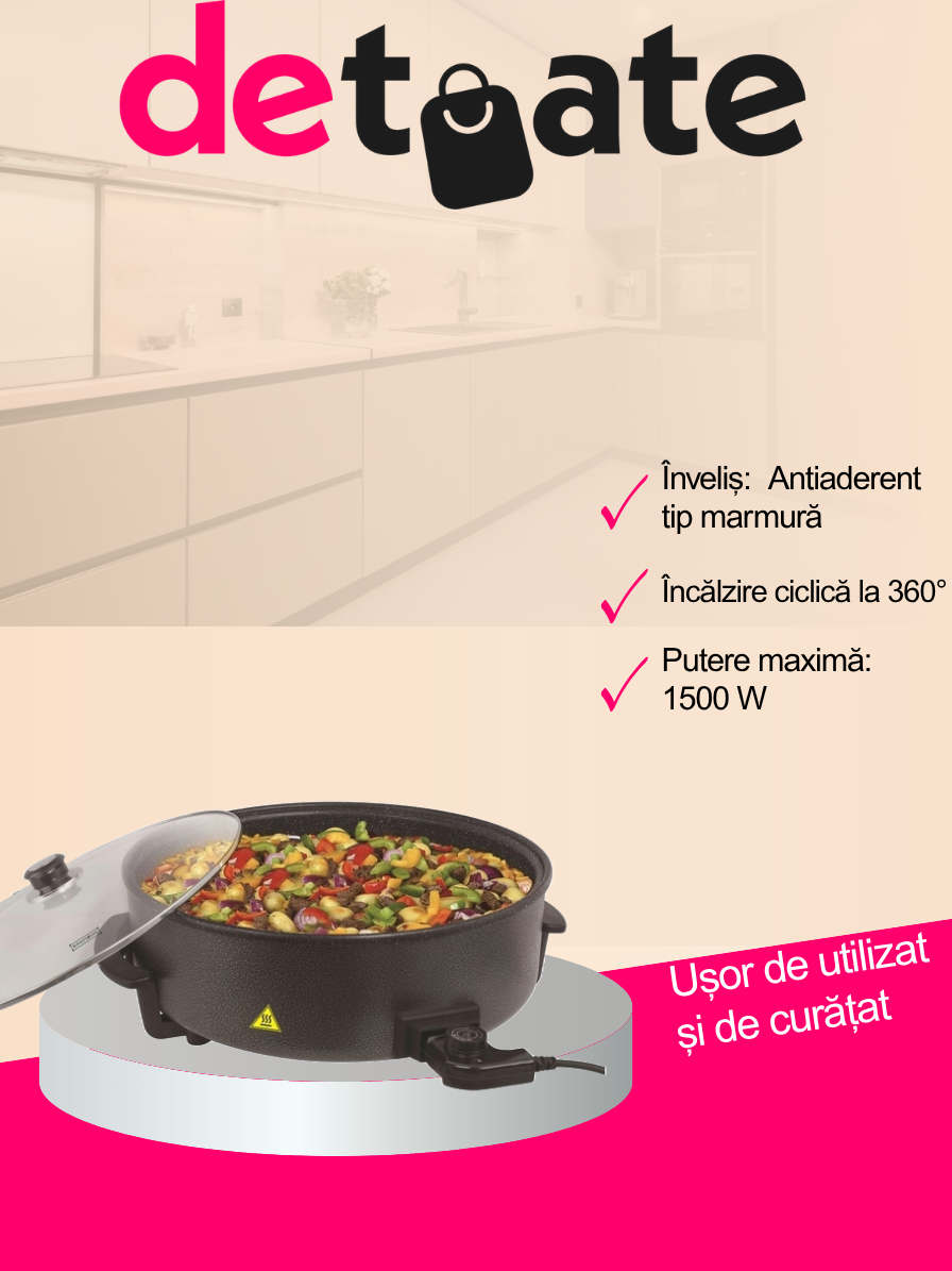 Tigaie electrica Royalty Line XXL, 42cm, 1500W, neaderenta, cu capac