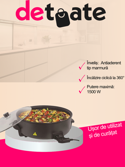 Tigaie electrica Royalty Line XXL, 42cm, 1500W, neaderenta, cu capac