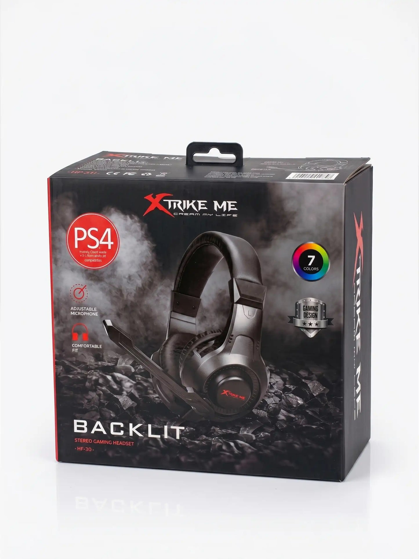 Gaming headset packaging with XStrike Me branding on a white background