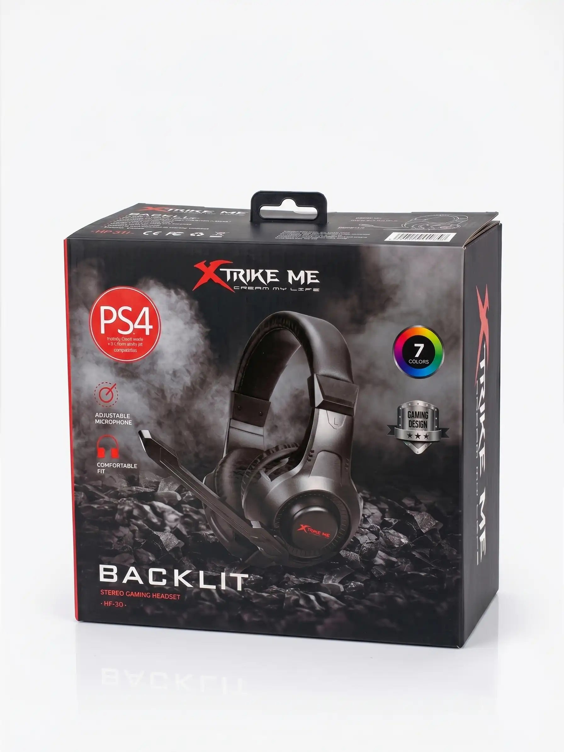 Gaming headset packaging with XStrike Me branding on a white background