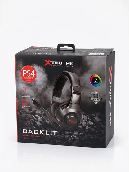 Gaming headset packaging with XStrike Me branding on a white background