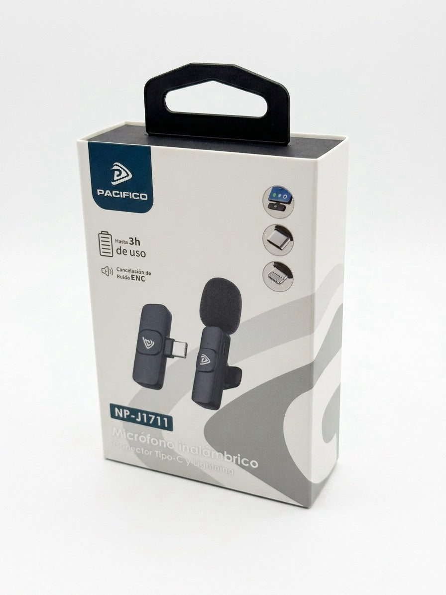 Microfon Lavalieră Wireless Pacifico NP-J1711, Anulare Zgomot (ENC), Conector Type-C / Lightning, Autonomie 3h, Negru