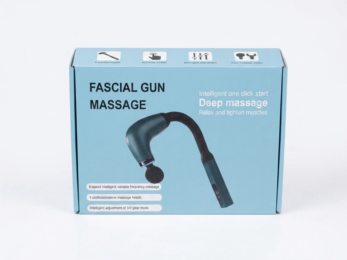 Pistol de Masaj Muscular Fascial Gun cu Mâner Extins, 6 Viteze, Adâncime 7.5mm, 4 Capete Incluse, Încărcare Type-C, Negru