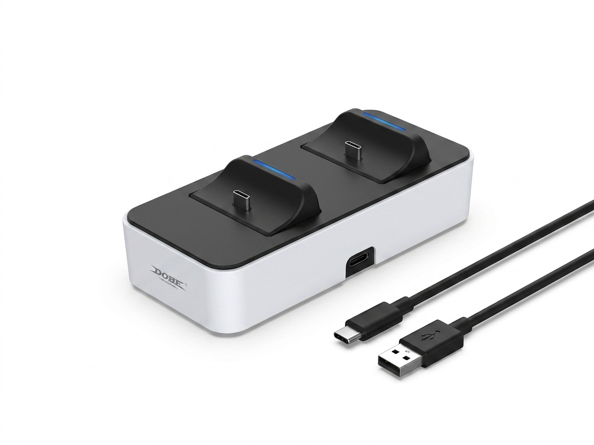 Stație de Încărcare Dublă DOBE pentru Controllere PS5, Fast Charge, Cablu Type-C Inclus, Alb/Negru