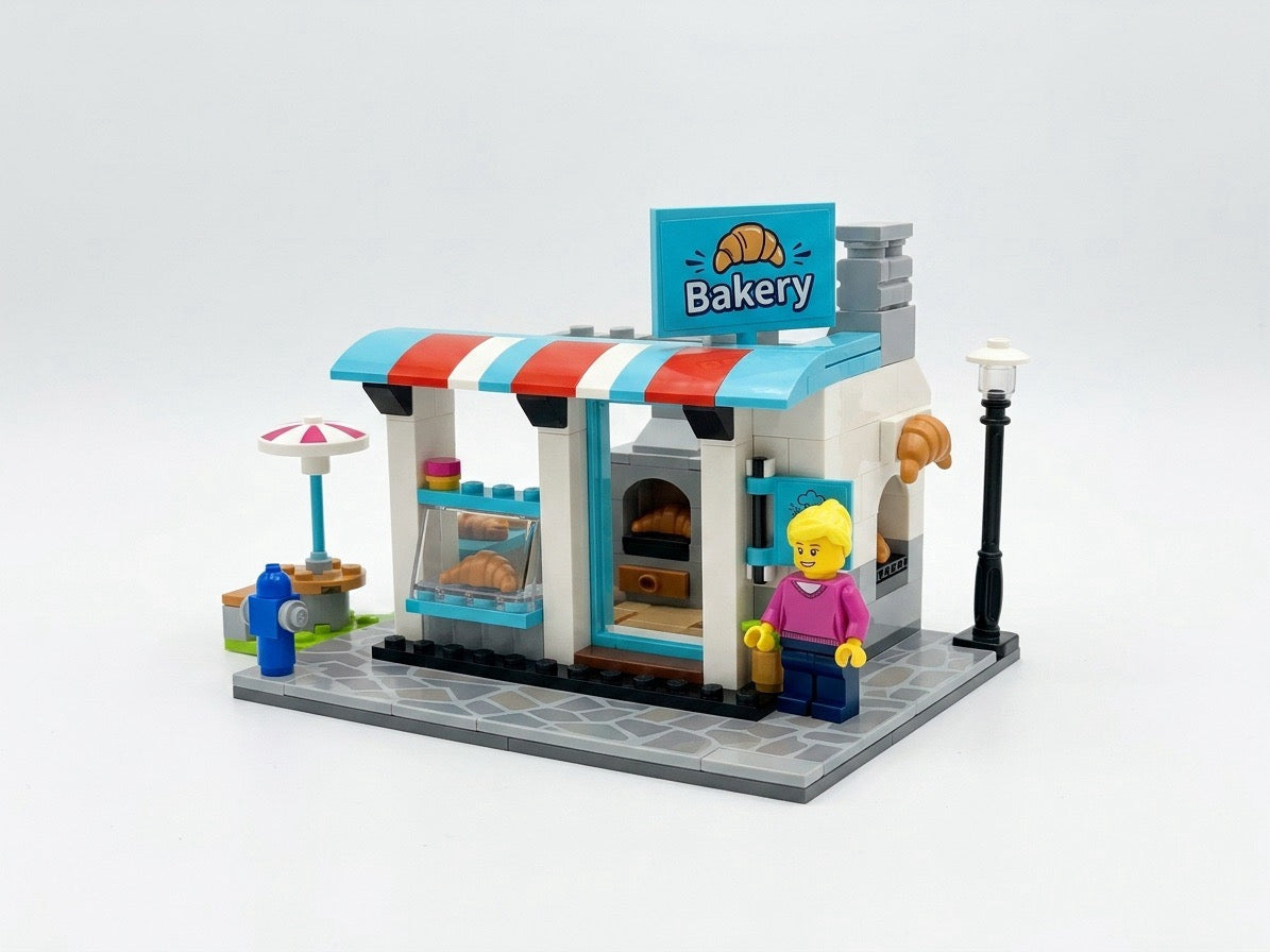 Set de Construcție Kid's Bricks "Bakery" (Brutărie), 99 Piese, Mini-Figurină Inclusă, +5 Ani