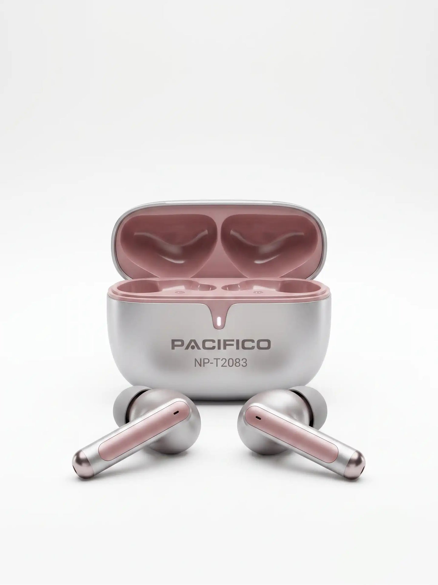 Pink and silver wireless earbuds with charging case on a white background