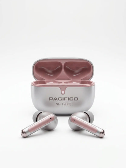 Pink and silver wireless earbuds with charging case on a white background