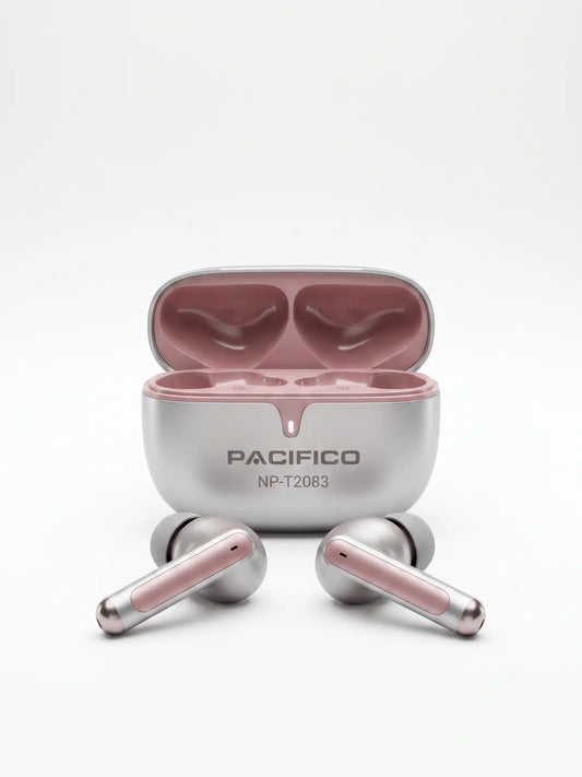 Pink and silver wireless earbuds with charging case on a white background