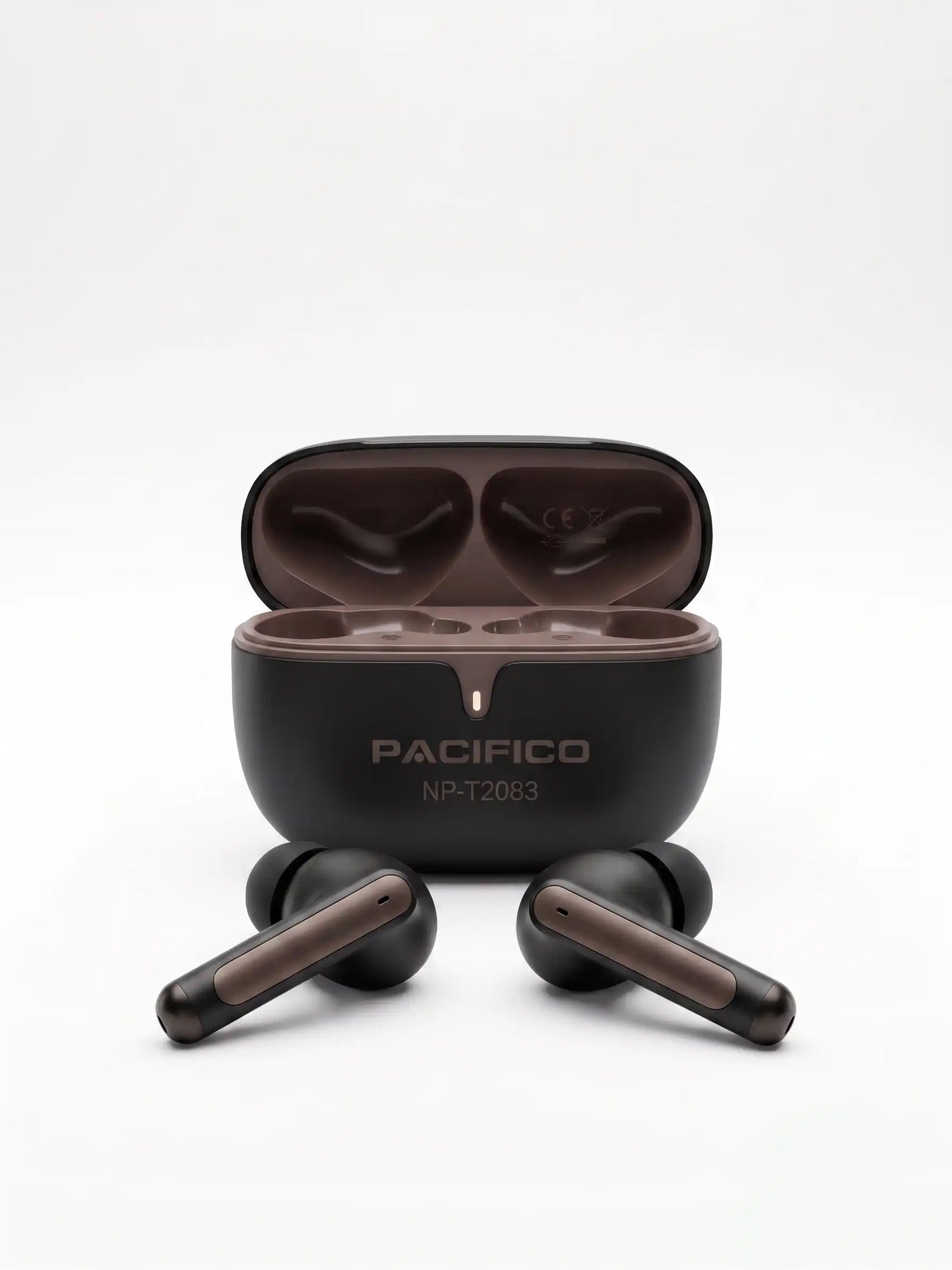 Black and brown wireless earbuds with charging case on a white background