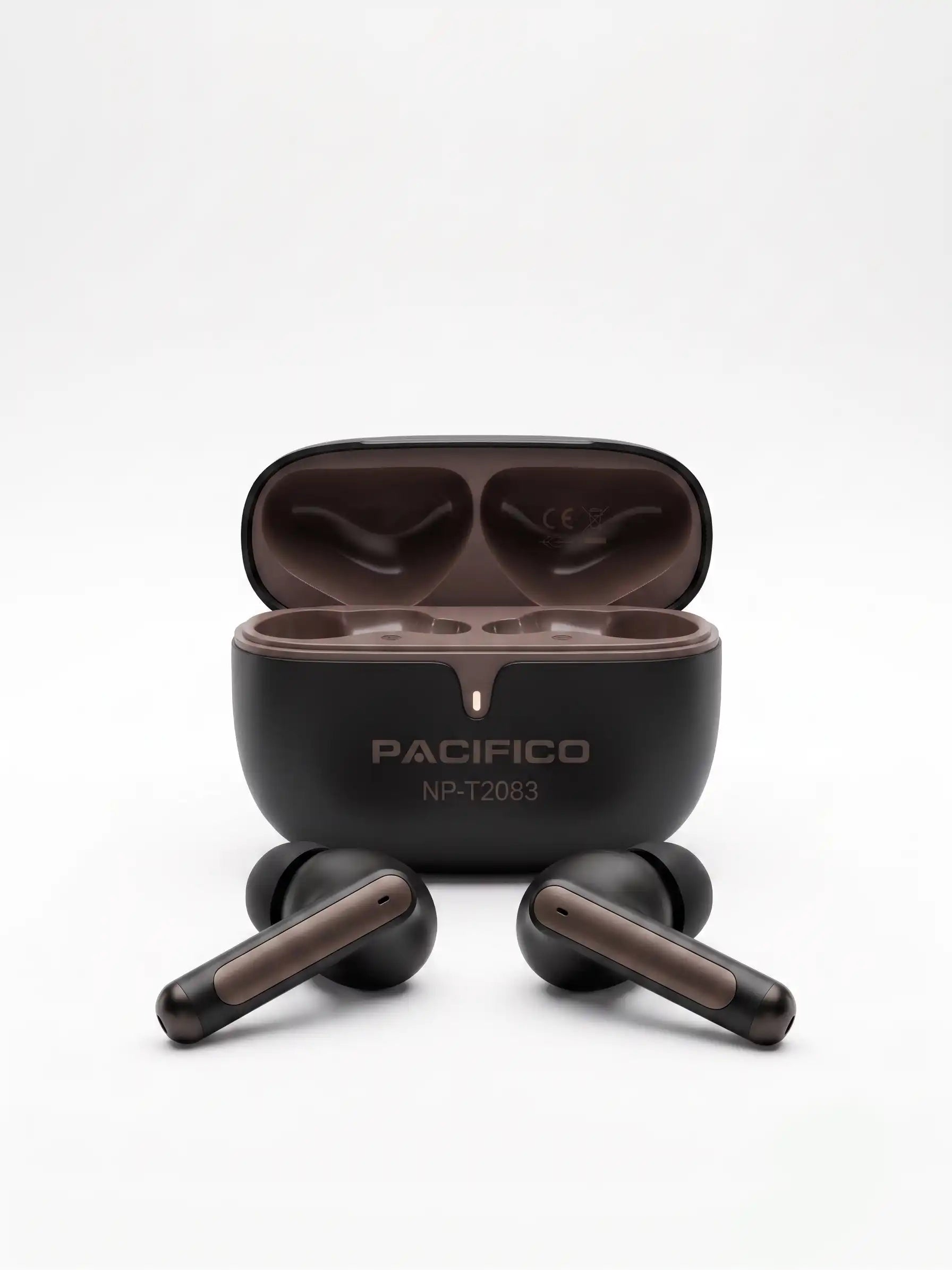 Black and brown wireless earbuds with charging case on a white background