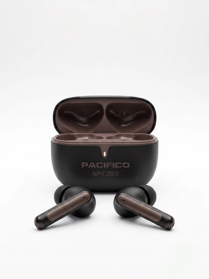Black and brown wireless earbuds with charging case on a white background