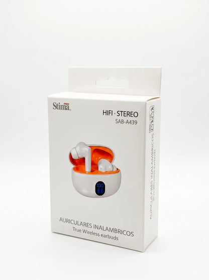 Box of Stima STEREO true wireless earbuds on a white background