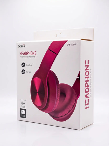 White packaging box for red headphones with 'Stima' branding on a white background
