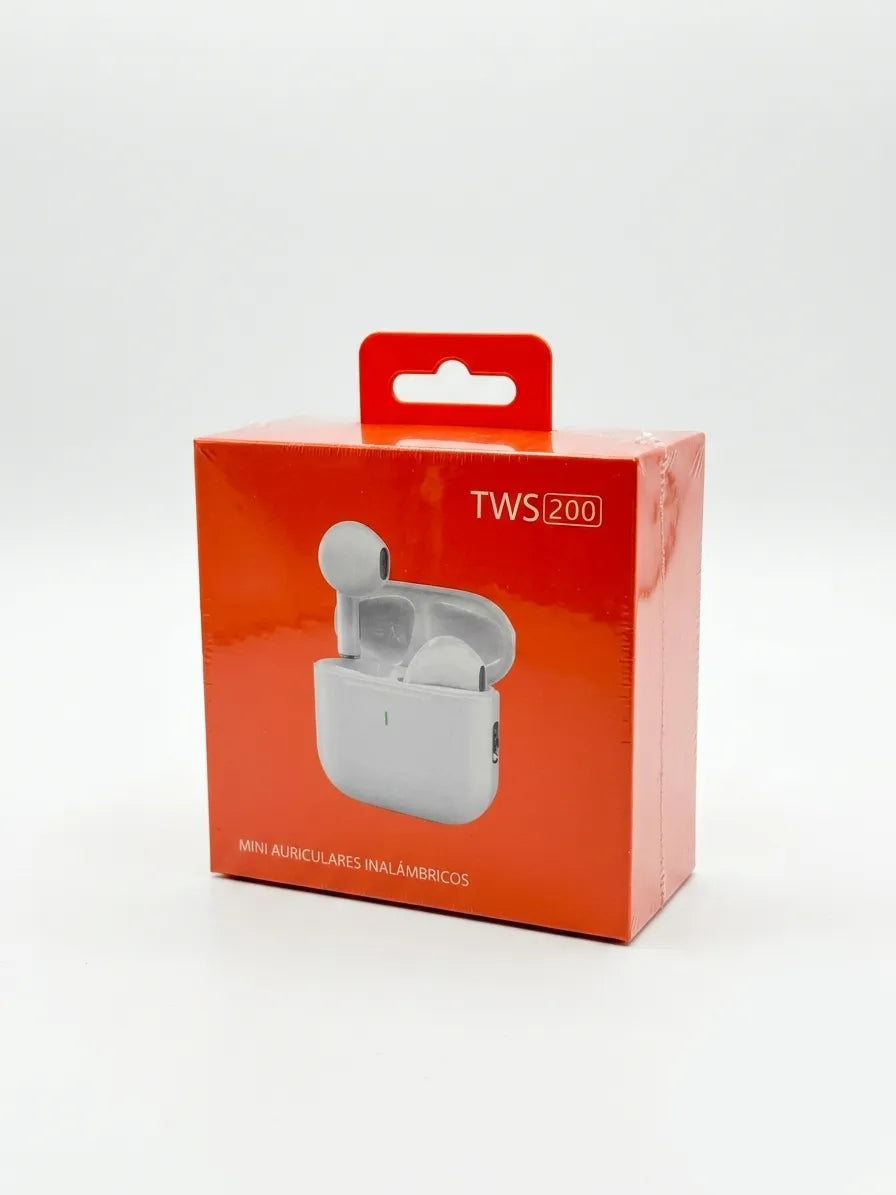 Red packaging box for TWS 200 wireless earbuds on a white background