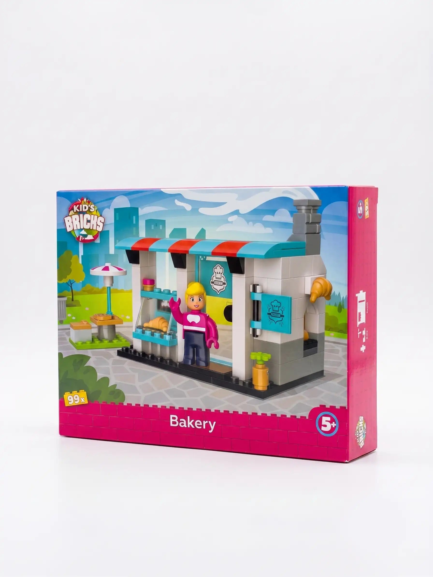Toy building block set packaging for a bakery on a white background