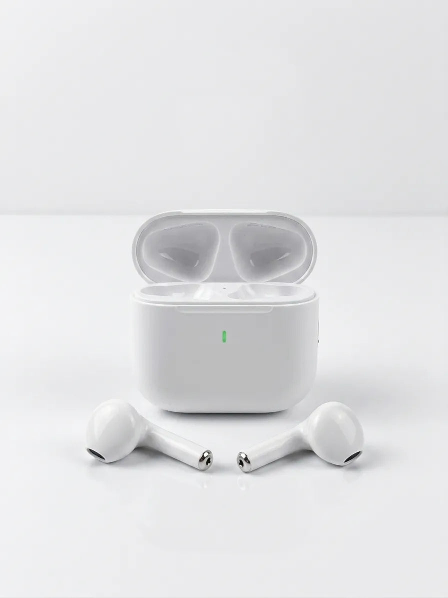White wireless earbuds with charging case on a light gray background