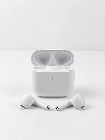 White wireless earbuds with charging case on a light gray background