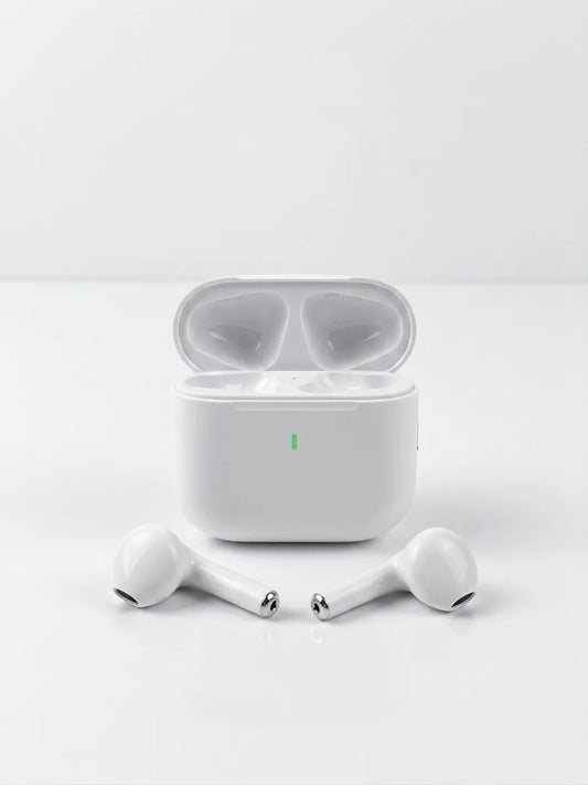 White wireless earbuds with charging case on a light gray background