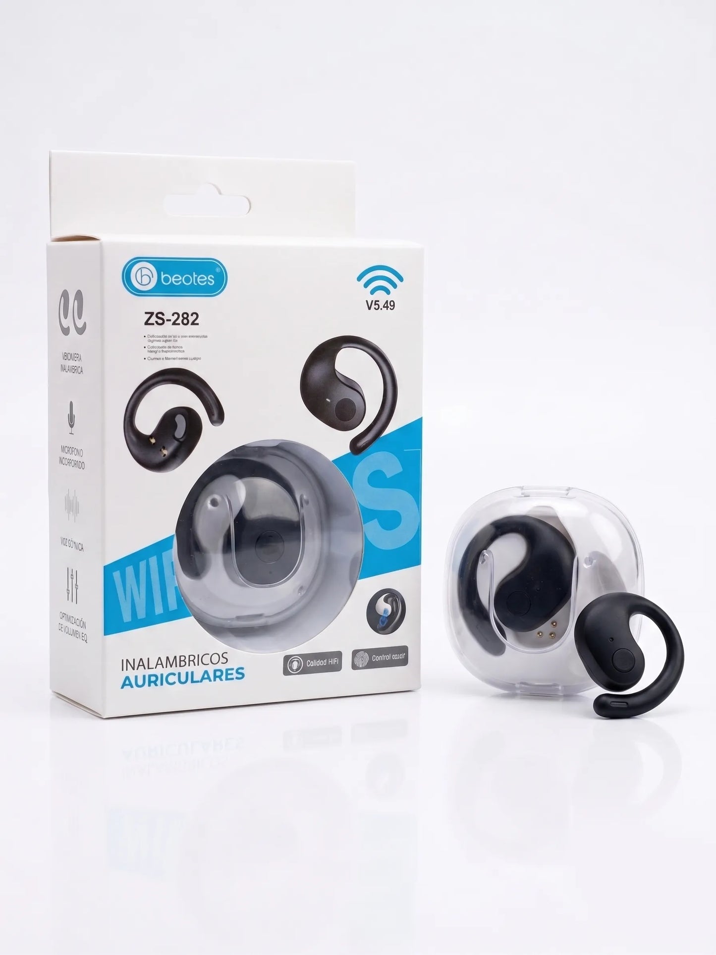 Wireless earbuds with packaging on a white background