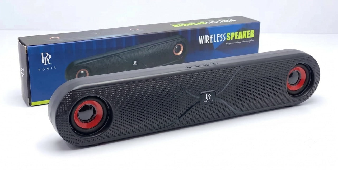 Wireless speaker with red accents on a white background, next to its packaging.