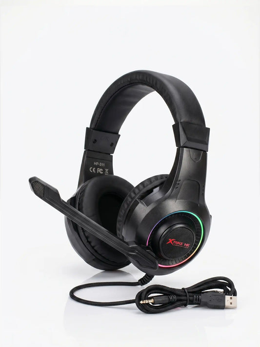 Black gaming headset with RGB lighting on a white background