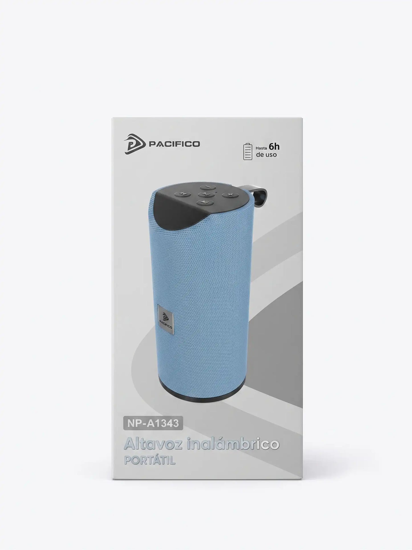 Blue portable speaker in packaging with Pacifico branding on a white background