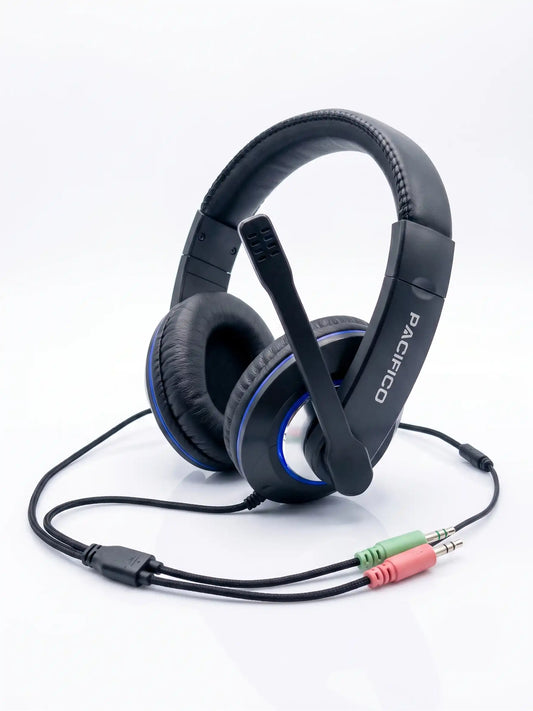 Black headphones with a cable on a white background