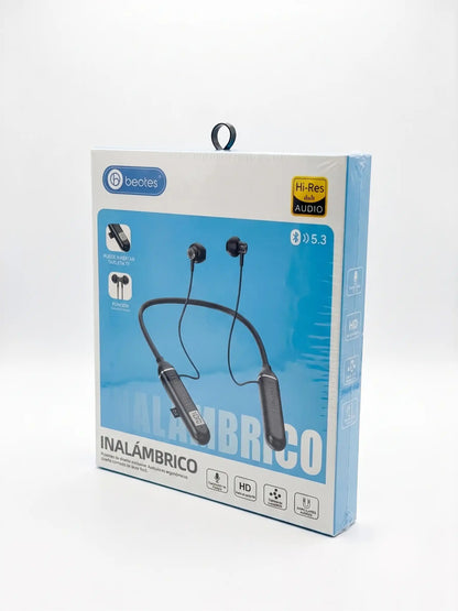 Packaging of wireless earbuds with a blue and white design on a white background