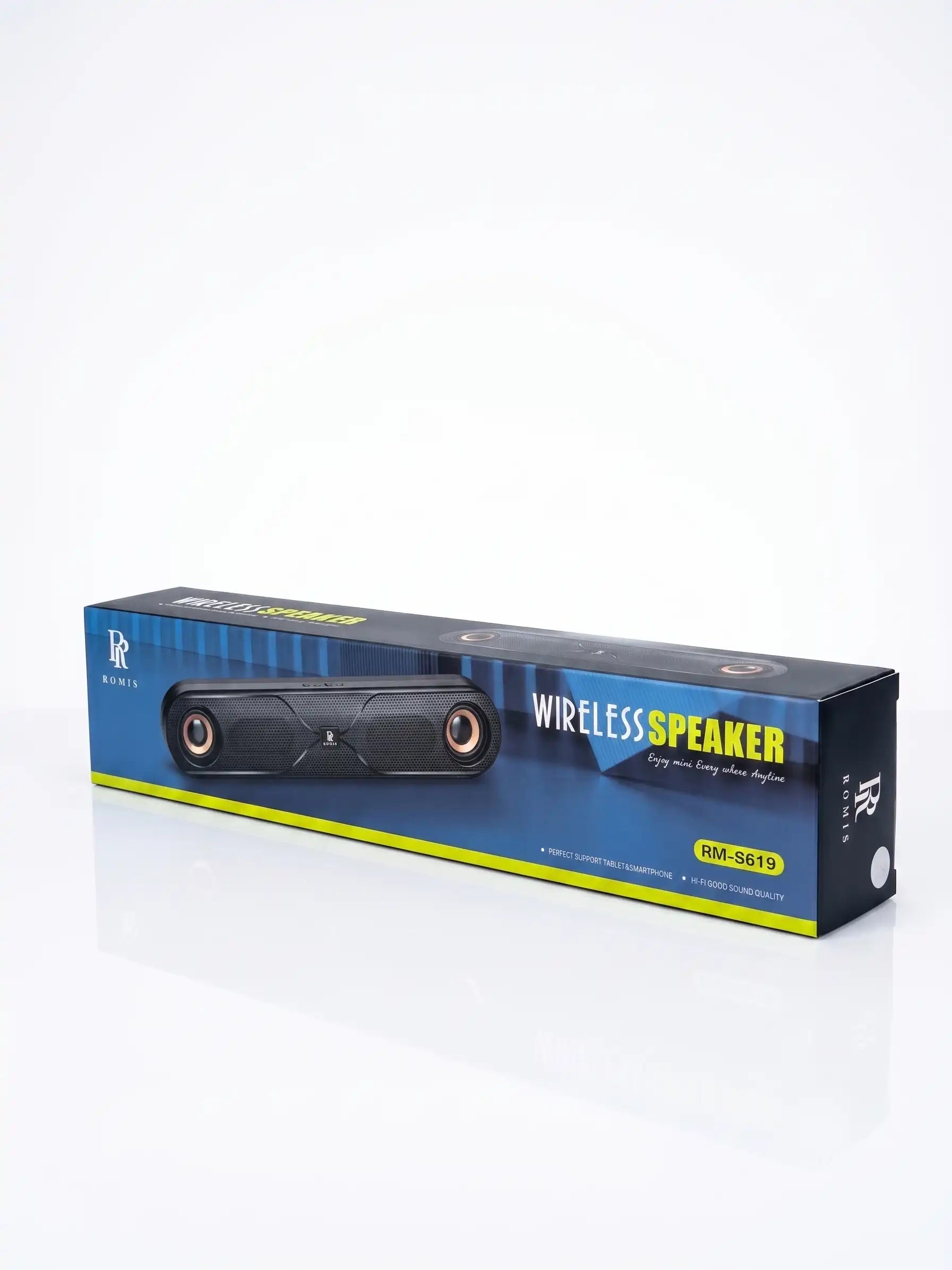 Box of a wireless speaker with branding on a white background